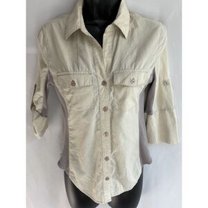 Toska Khaki Button Down Rolltab Sleeve Shirt Size S Hiking Sporty Brown Grey